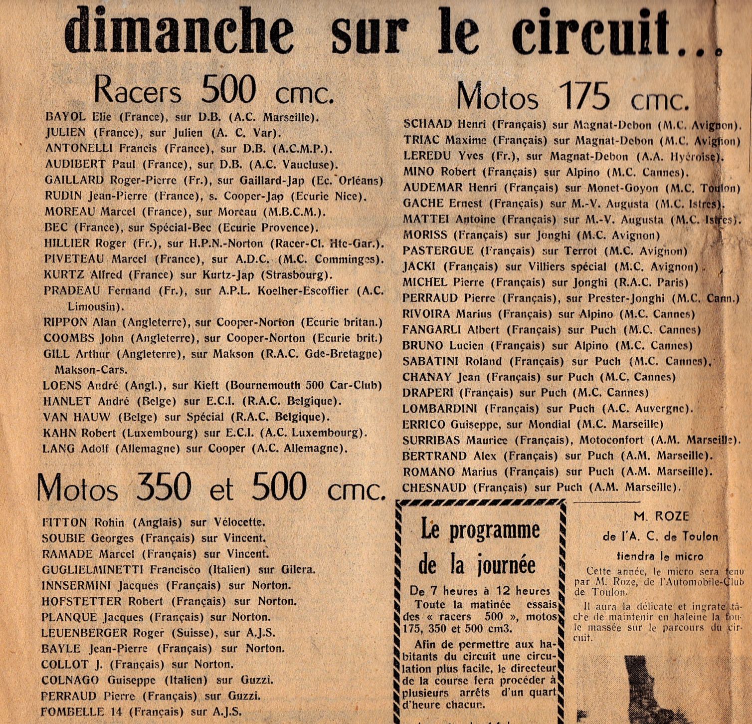 Presse 1952 SPORT AUTOMOBILE DRAGUIGNAN